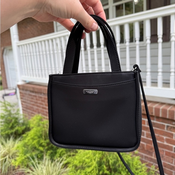 Vintage 90s Y2K Black Canvas Small Tote Handbag Crossbody - Picture 1 of 10
